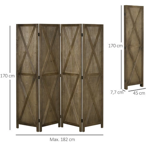HOMCOM Paravent Intérieur 4 Panneaux Style Campagnard Chic - Séparateur De Pièce Avec Croisillons - Bois De Paulownia Marron Gris - Marron 5 HOMCOM Paravent Intérieur 4 Panneaux Style Campagnard Chic - Séparateur De Pièce Avec Croisillons - Bois De Paulownia Marron Gris - Marron – Image 3