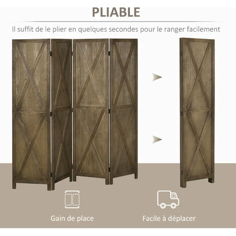 HOMCOM Paravent Intérieur 4 Panneaux Style Campagnard Chic - Séparateur De Pièce Avec Croisillons - Bois De Paulownia Marron Gris - Marron 7 HOMCOM Paravent Intérieur 4 Panneaux Style Campagnard Chic - Séparateur De Pièce Avec Croisillons - Bois De Paulownia Marron Gris - Marron – Image 5
