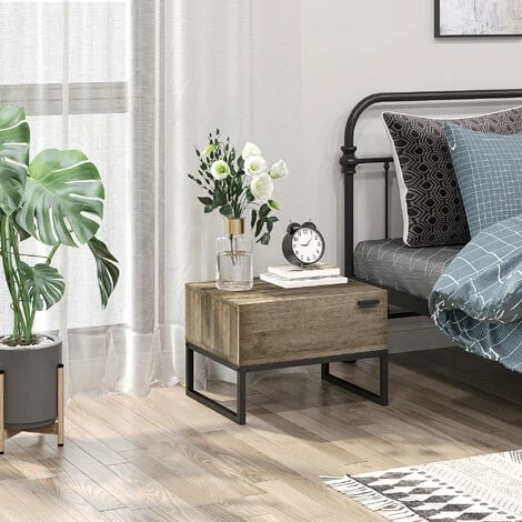 HOMCOM Table De Chevet Table De Nuit Style Industriel Tiroir Coulissant Piètement Acier Noir Panneaux Particules Aspect Bois Brun Gris 6 HOMCOM Table De Chevet Table De Nuit Style Industriel Tiroir Coulissant Piètement Acier Noir Panneaux Particules Aspect Bois Brun Gris – Image 4