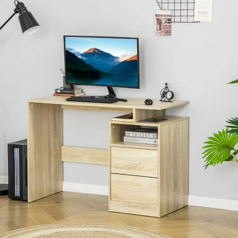 HOMCOM Bureau Informatique 2 Tiroirs Coulissants 3 étagères Dim. 108L X 48l X 76H Cm Panneaux Particules MDF Aspect Chêne Clair 4 HOMCOM Bureau Informatique 2 Tiroirs Coulissants 3 étagères Dim. 108L X 48l X 76H Cm Panneaux Particules MDF Aspect Chêne Clair – Image 2