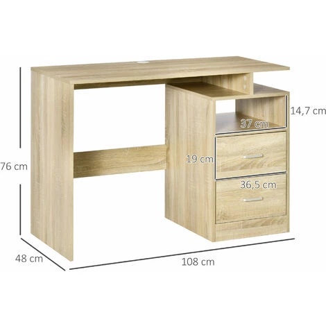 HOMCOM Bureau Informatique 2 Tiroirs Coulissants 3 étagères Dim. 108L X 48l X 76H Cm Panneaux Particules MDF Aspect Chêne Clair 5 HOMCOM Bureau Informatique 2 Tiroirs Coulissants 3 étagères Dim. 108L X 48l X 76H Cm Panneaux Particules MDF Aspect Chêne Clair – Image 3