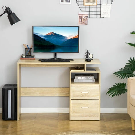 HOMCOM Bureau Informatique 2 Tiroirs Coulissants 3 étagères Dim. 108L X 48l X 76H Cm Panneaux Particules MDF Aspect Chêne Clair 6 HOMCOM Bureau Informatique 2 Tiroirs Coulissants 3 étagères Dim. 108L X 48l X 76H Cm Panneaux Particules MDF Aspect Chêne Clair – Image 4