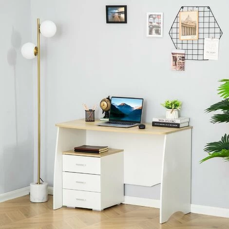 HOMCOM Ensemble Bureau Informatique Et Caisson De Bureau - Caisson 3 Tiroirs Modulable - Panneaux De Particules Bicolore Blanc Aspect Chêne Clair 4 HOMCOM Ensemble Bureau Informatique Et Caisson De Bureau - Caisson 3 Tiroirs Modulable - Panneaux De Particules Bicolore Blanc Aspect Chêne Clair – Image 2