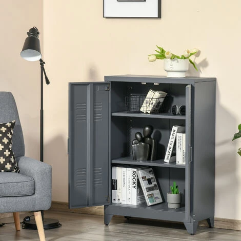 HOMCOM Armoire De Rangement Métal Design Industriel - 2 étagères - Structure Piètement Tôle Métal Gris Anthracite 6 HOMCOM Armoire De Rangement Métal Design Industriel - 2 étagères - Structure Piètement Tôle Métal Gris Anthracite – Image 4