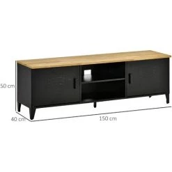 HOMCOM Meuble TV Banc TV Design Industriel - 2 Placards, 2 Niches, 2 Passe-fils - Structure Piètement Tôle Métal Plateau Bois D'hévéa - Noir -France HOMCOM Soldes 2022 48139886 3