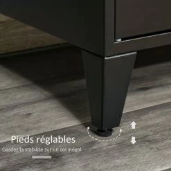 HOMCOM Meuble TV Banc TV Design Industriel - 2 Placards, 2 Niches, 2 Passe-fils - Structure Piètement Tôle Métal Plateau Bois D'hévéa - Noir -France HOMCOM Soldes 2022 48139886 5