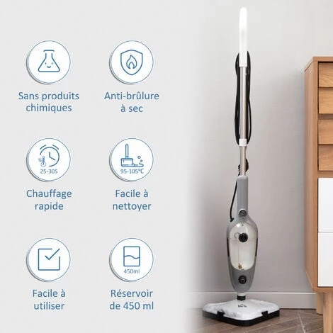 HOMCOM Nettoyeur Vapeur - Balai Vapeur - Balai Nettoyeur Vapeur - 1300 W, Jet Vapeur 95-105°C, Réservoir 450 Ml - 11 Accessoires Inclus - Gris - Gris 7 HOMCOM Nettoyeur Vapeur - Balai Vapeur - Balai Nettoyeur Vapeur - 1300 W, Jet Vapeur 95-105°C, Réservoir 450 Ml - 11 Accessoires Inclus - Gris - Gris – Image 5
