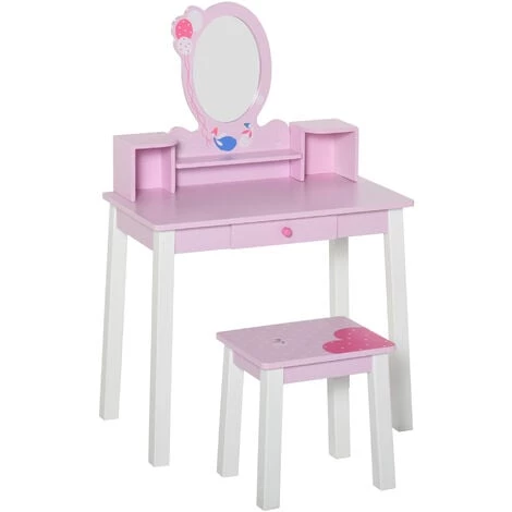 HOMCOM Coiffeuse Enfant Table De Maquillage Avec Tabouret, 1 Tiroir, Miroir 59 X 39 X 92 Cm Bois Rose 3 HOMCOM Coiffeuse Enfant Table De Maquillage Avec Tabouret, 1 Tiroir, Miroir 59 X 39 X 92 Cm Bois Rose