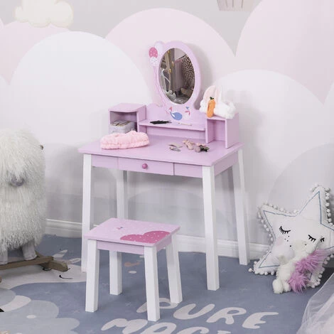 HOMCOM Coiffeuse Enfant Table De Maquillage Avec Tabouret, 1 Tiroir, Miroir 59 X 39 X 92 Cm Bois Rose 4 HOMCOM Coiffeuse Enfant Table De Maquillage Avec Tabouret, 1 Tiroir, Miroir 59 X 39 X 92 Cm Bois Rose – Image 2