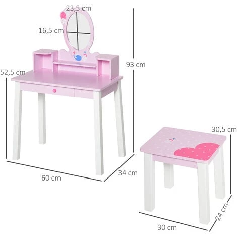 HOMCOM Coiffeuse Enfant Table De Maquillage Avec Tabouret, 1 Tiroir, Miroir 59 X 39 X 92 Cm Bois Rose 5 HOMCOM Coiffeuse Enfant Table De Maquillage Avec Tabouret, 1 Tiroir, Miroir 59 X 39 X 92 Cm Bois Rose – Image 3