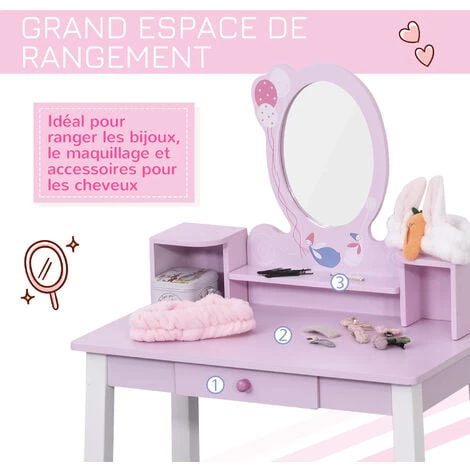 HOMCOM Coiffeuse Enfant Table De Maquillage Avec Tabouret, 1 Tiroir, Miroir 59 X 39 X 92 Cm Bois Rose 6 HOMCOM Coiffeuse Enfant Table De Maquillage Avec Tabouret, 1 Tiroir, Miroir 59 X 39 X 92 Cm Bois Rose – Image 4