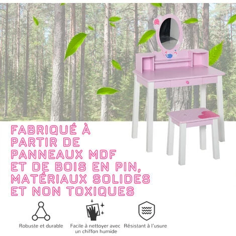 HOMCOM Coiffeuse Enfant Table De Maquillage Avec Tabouret, 1 Tiroir, Miroir 59 X 39 X 92 Cm Bois Rose 7 HOMCOM Coiffeuse Enfant Table De Maquillage Avec Tabouret, 1 Tiroir, Miroir 59 X 39 X 92 Cm Bois Rose – Image 5
