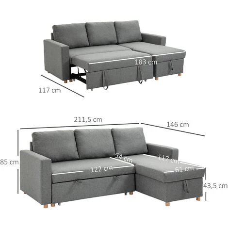 HOMCOM Canapé D'angle 3 Places Convertible - Méridienne Réversible - Coffre De Rangement Intégré - Garnissage Mousse Haute Densité 24D - Tissu Polyester Aspect Lin Gris 5 HOMCOM Canapé D'angle 3 Places Convertible - Méridienne Réversible - Coffre De Rangement Intégré - Garnissage Mousse Haute Densité 24D - Tissu Polyester Aspect Lin Gris – Image 3