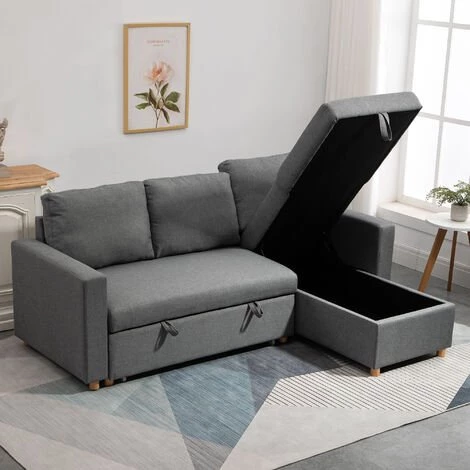 HOMCOM Canapé D'angle 3 Places Convertible - Méridienne Réversible - Coffre De Rangement Intégré - Garnissage Mousse Haute Densité 24D - Tissu Polyester Aspect Lin Gris 6 HOMCOM Canapé D'angle 3 Places Convertible - Méridienne Réversible - Coffre De Rangement Intégré - Garnissage Mousse Haute Densité 24D - Tissu Polyester Aspect Lin Gris – Image 4