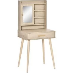 HOMCOM Coiffeuse Design Scandinave Avec Miroir - Table De Maquillage - Grand Tiroir, 4 étagères, Placard Porte Avec étagère - Piètement Hévéa Panneaux Particules Aspect Chêne Clair - Beige