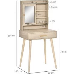 HOMCOM Coiffeuse Design Scandinave Avec Miroir - Table De Maquillage - Grand Tiroir, 4 étagères, Placard Porte Avec étagère - Piètement Hévéa Panneaux Particules Aspect Chêne Clair - Beige -France HOMCOM Soldes 2022 48873167 3