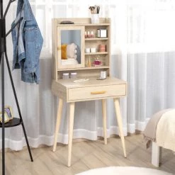 HOMCOM Coiffeuse Design Scandinave Avec Miroir - Table De Maquillage - Grand Tiroir, 4 étagères, Placard Porte Avec étagère - Piètement Hévéa Panneaux Particules Aspect Chêne Clair - Beige -France HOMCOM Soldes 2022 48873167 4