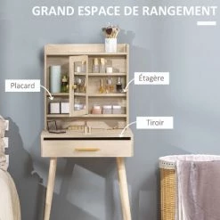HOMCOM Coiffeuse Design Scandinave Avec Miroir - Table De Maquillage - Grand Tiroir, 4 étagères, Placard Porte Avec étagère - Piètement Hévéa Panneaux Particules Aspect Chêne Clair - Beige -France HOMCOM Soldes 2022 48873167 5