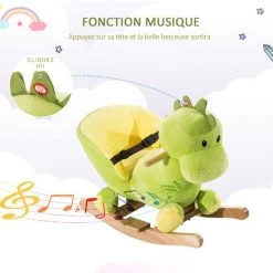 HOMCOM Jouet à Bascule Dinosaure Ceinture De Sécurité Effet Sonore 32 Chansons Bois Peluche Verte - Vert -France HOMCOM Soldes 2022 4904930 4