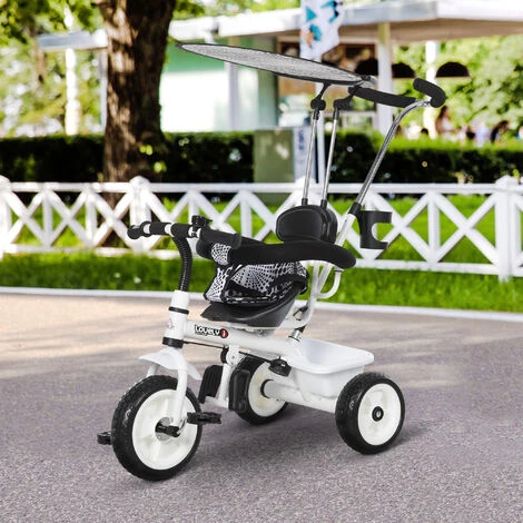 HOMCOM Tricycle Enfants Pare-soleil Pliable Canne Amovible Benne Rangement 103 X 47 X 101 Cm Acier Blanc Et Noir - Blanc 4 HOMCOM Tricycle Enfants Pare-soleil Pliable Canne Amovible Benne Rangement 103 X 47 X 101 Cm Acier Blanc Et Noir - Blanc – Image 2