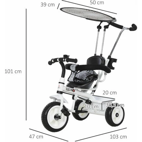HOMCOM Tricycle Enfants Pare-soleil Pliable Canne Amovible Benne Rangement 103 X 47 X 101 Cm Acier Blanc Et Noir - Blanc 5 HOMCOM Tricycle Enfants Pare-soleil Pliable Canne Amovible Benne Rangement 103 X 47 X 101 Cm Acier Blanc Et Noir - Blanc – Image 3