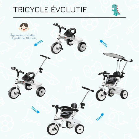 HOMCOM Tricycle Enfants Pare-soleil Pliable Canne Amovible Benne Rangement 103 X 47 X 101 Cm Acier Blanc Et Noir - Blanc 6 HOMCOM Tricycle Enfants Pare-soleil Pliable Canne Amovible Benne Rangement 103 X 47 X 101 Cm Acier Blanc Et Noir - Blanc – Image 4