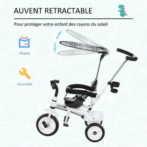 HOMCOM Tricycle Enfants Pare-soleil Pliable Canne Amovible Benne Rangement 103 X 47 X 101 Cm Acier Blanc Et Noir - Blanc 7 HOMCOM Tricycle Enfants Pare-soleil Pliable Canne Amovible Benne Rangement 103 X 47 X 101 Cm Acier Blanc Et Noir - Blanc – Image 5