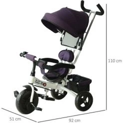 HOMCOM Tricycle Enfant évolutif Pare-soleil Pliable Canne Télescopique Amovible 92 X 51 X 110 Cm Acier Violet Blanc -France HOMCOM Soldes 2022 4904940 3