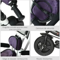 HOMCOM Tricycle Enfant évolutif Pare-soleil Pliable Canne Télescopique Amovible 92 X 51 X 110 Cm Acier Violet Blanc -France HOMCOM Soldes 2022 4904940 4