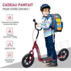 HOMCOM Trottinette Patinette Enfants à Partir De 5 Ans Pneus 30 Cm Guidon Réglable Poignée Frein Et Béquille Acier Rouge - Rouge -France HOMCOM Soldes 2022 4904949 4