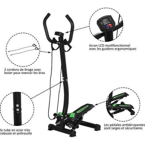 HOMCOM Mini Stepper Avec Guidon, Extenseurs, écran LCD Multifonction Et Tapis Antidérapant Noir Et Vert 7 HOMCOM Mini Stepper Avec Guidon, Extenseurs, écran LCD Multifonction Et Tapis Antidérapant Noir Et Vert – Image 5