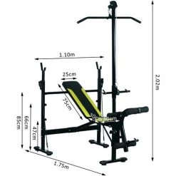 HOMCOM Banc De Musculation Fitness Entrainement Complet Dossier Réglable Cordes Traction Curler Supports Barre Et Haltères Noir Et Jaune - Noir -France HOMCOM Soldes 2022 4904991 3