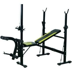 HOMCOM Banc De Musculation Fitness Entrainement Complet Dossier Réglable Cordes Traction Curler Supports Barre Et Haltères Noir Et Jaune - Noir -France HOMCOM Soldes 2022 4904991 5