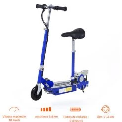 HOMCOM Trottinette électrique 120 W Pliable Pour Enfant De 7 à 12 Ans Hauteur Guidon Et Selle Réglable 10 Km/h Max. Bleu - Bleu -France HOMCOM Soldes 2022 4905002 4