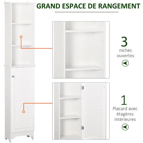 HOMCOM Meuble Colonne Salle De Bain 3 Niches Placard Porte Persienne 3 étagères MDF Panneaux De Particules Blanc 7 HOMCOM Meuble Colonne Salle De Bain 3 Niches Placard Porte Persienne 3 étagères MDF Panneaux De Particules Blanc – Image 5