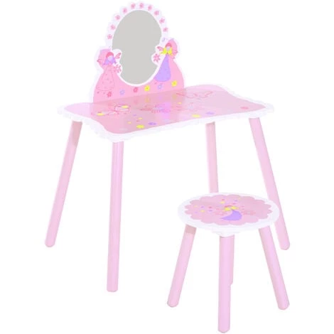 HOMCOM Coiffeuse Enfant - Tabouret Inclus - Table De Maquillage Dim. 59L X 39l X 77H Cm - Motifs Fées, Papillons, Fleurs - Bois De Pin, MDF - Rose Blanc 3 HOMCOM Coiffeuse Enfant - Tabouret Inclus - Table De Maquillage Dim. 59L X 39l X 77H Cm - Motifs Fées, Papillons, Fleurs - Bois De Pin, MDF - Rose Blanc