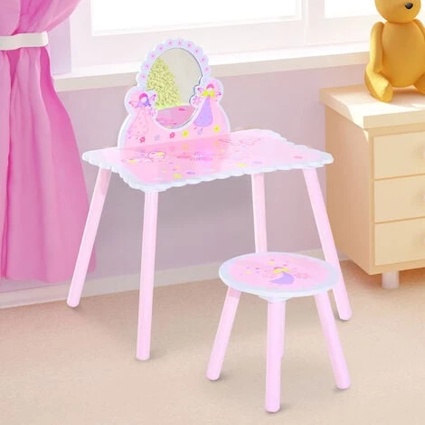 HOMCOM Coiffeuse Enfant - Tabouret Inclus - Table De Maquillage Dim. 59L X 39l X 77H Cm - Motifs Fées, Papillons, Fleurs - Bois De Pin, MDF - Rose Blanc 4 HOMCOM Coiffeuse Enfant - Tabouret Inclus - Table De Maquillage Dim. 59L X 39l X 77H Cm - Motifs Fées, Papillons, Fleurs - Bois De Pin, MDF - Rose Blanc – Image 2