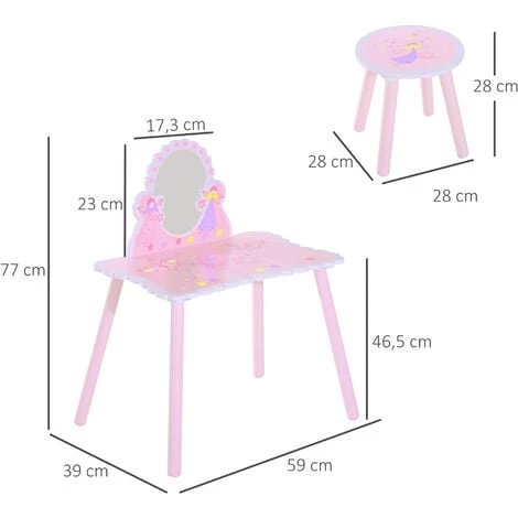HOMCOM Coiffeuse Enfant - Tabouret Inclus - Table De Maquillage Dim. 59L X 39l X 77H Cm - Motifs Fées, Papillons, Fleurs - Bois De Pin, MDF - Rose Blanc 5 HOMCOM Coiffeuse Enfant - Tabouret Inclus - Table De Maquillage Dim. 59L X 39l X 77H Cm - Motifs Fées, Papillons, Fleurs - Bois De Pin, MDF - Rose Blanc – Image 3