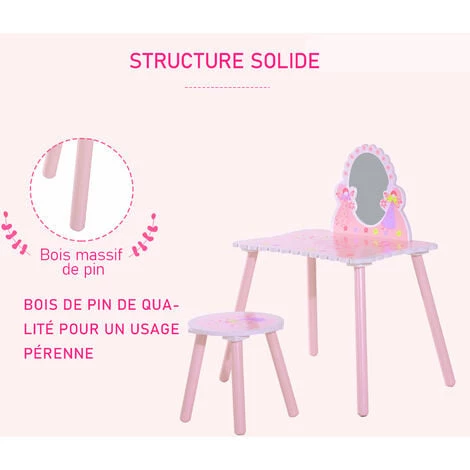HOMCOM Coiffeuse Enfant - Tabouret Inclus - Table De Maquillage Dim. 59L X 39l X 77H Cm - Motifs Fées, Papillons, Fleurs - Bois De Pin, MDF - Rose Blanc 6 HOMCOM Coiffeuse Enfant - Tabouret Inclus - Table De Maquillage Dim. 59L X 39l X 77H Cm - Motifs Fées, Papillons, Fleurs - Bois De Pin, MDF - Rose Blanc – Image 4