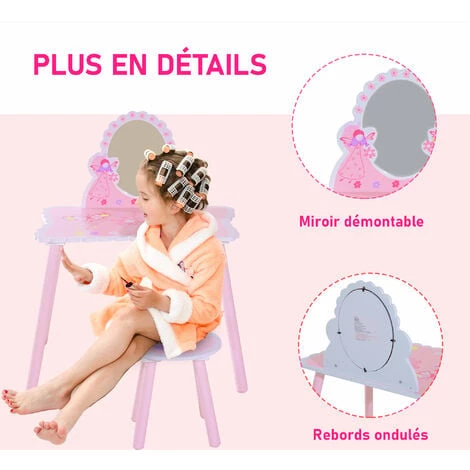 HOMCOM Coiffeuse Enfant - Tabouret Inclus - Table De Maquillage Dim. 59L X 39l X 77H Cm - Motifs Fées, Papillons, Fleurs - Bois De Pin, MDF - Rose Blanc 7 HOMCOM Coiffeuse Enfant - Tabouret Inclus - Table De Maquillage Dim. 59L X 39l X 77H Cm - Motifs Fées, Papillons, Fleurs - Bois De Pin, MDF - Rose Blanc – Image 5
