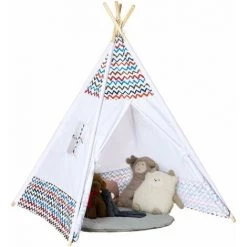 HOMCOM Tente Teepee Indien Enfant Style Graphique - Dim. 1,2L X 1,2I X 1,55H M - Porte Refermable, Fenêtre - Structure Bois, Toile Polyester Coton Blanc Multicolore