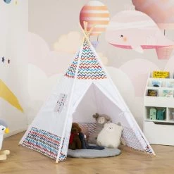 HOMCOM Tente Teepee Indien Enfant Style Graphique - Dim. 1,2L X 1,2I X 1,55H M - Porte Refermable, Fenêtre - Structure Bois, Toile Polyester Coton Blanc Multicolore -France HOMCOM Soldes 2022 50908882 4