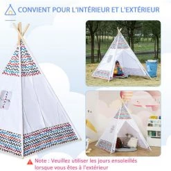 HOMCOM Tente Teepee Indien Enfant Style Graphique - Dim. 1,2L X 1,2I X 1,55H M - Porte Refermable, Fenêtre - Structure Bois, Toile Polyester Coton Blanc Multicolore -France HOMCOM Soldes 2022 50908882 5