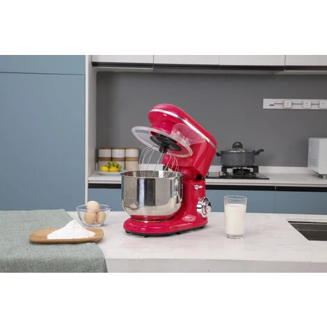 HOMCOM Robot Patissier Multifonctions 1200W - Robot Cuisine Capacité XL 5,5L - 6 Vitesses - Batteur, Couvercle Anti-projections, Crochet Pétrisseur - Transmission Directe - Acier Inox. ABS Rouge 4 HOMCOM Robot Patissier Multifonctions 1200W - Robot Cuisine Capacité XL 5,5L - 6 Vitesses - Batteur, Couvercle Anti-projections, Crochet Pétrisseur - Transmission Directe - Acier Inox. ABS Rouge – Image 2