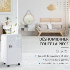 HOMCOM Déshumidificateur Portable électrique Silencieux 270W Capacité Max. Réservoir 2L évacuation Continue 16L/24H Idéal Pièces 16 M² Max. Blanc -France HOMCOM Soldes 2022 50909012 4