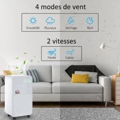 HOMCOM Déshumidificateur Portable électrique Silencieux 270W Capacité Max. Réservoir 2L évacuation Continue 16L/24H Idéal Pièces 16 M² Max. Blanc -France HOMCOM Soldes 2022 50909012 5