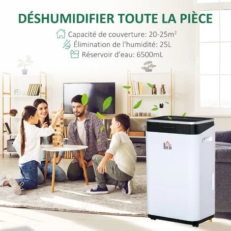 HOMCOM Déshumidificateur Portable électrique Silencieux 380W Capacité Max. Réservoir 6,5L évacuation Continue 25L/24H Idéal Pièces 25 M² Max. Blanc Noir 6 HOMCOM Déshumidificateur Portable électrique Silencieux 380W Capacité Max. Réservoir 6,5L évacuation Continue 25L/24H Idéal Pièces 25 M² Max. Blanc Noir – Image 4
