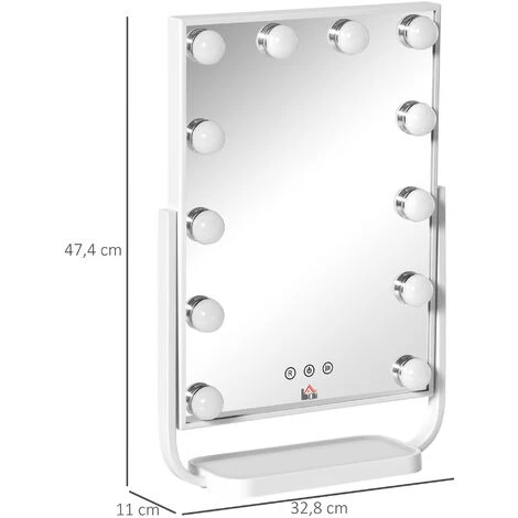 HOMCOM Miroir Maquillage Hollywood Lumineux LED Tactile - 3 Modes éclairage, Inclinable, Adaptateur - Métal Blanc Verre 5 HOMCOM Miroir Maquillage Hollywood Lumineux LED Tactile - 3 Modes éclairage, Inclinable, Adaptateur - Métal Blanc Verre – Image 3