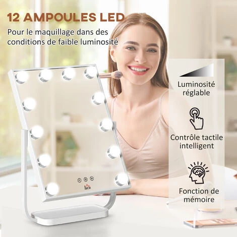HOMCOM Miroir Maquillage Hollywood Lumineux LED Tactile - 3 Modes éclairage, Inclinable, Adaptateur - Métal Blanc Verre 7 HOMCOM Miroir Maquillage Hollywood Lumineux LED Tactile - 3 Modes éclairage, Inclinable, Adaptateur - Métal Blanc Verre – Image 5