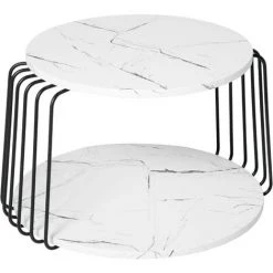 HOMCOM Table Basse Ronde Avec étagère Design Contemporain Dim. Ø 60 X 40H Cm MDF Aspect Marbre Blanc Piètement Métal Filaire Noir